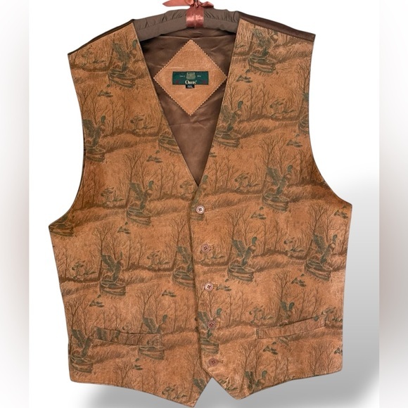 Vintage‎ Orvis Leather Vest Mens XXLarge Duck Print Hunter Huntsman Outdoor - Picture 1 of 14